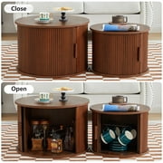Wirrytor Round Nesting Coffee Tables Set of 2 With storage, Mid Century Modern Fluted Circle Wooden Side Table with Sliding Door for Living Room (Walnut)